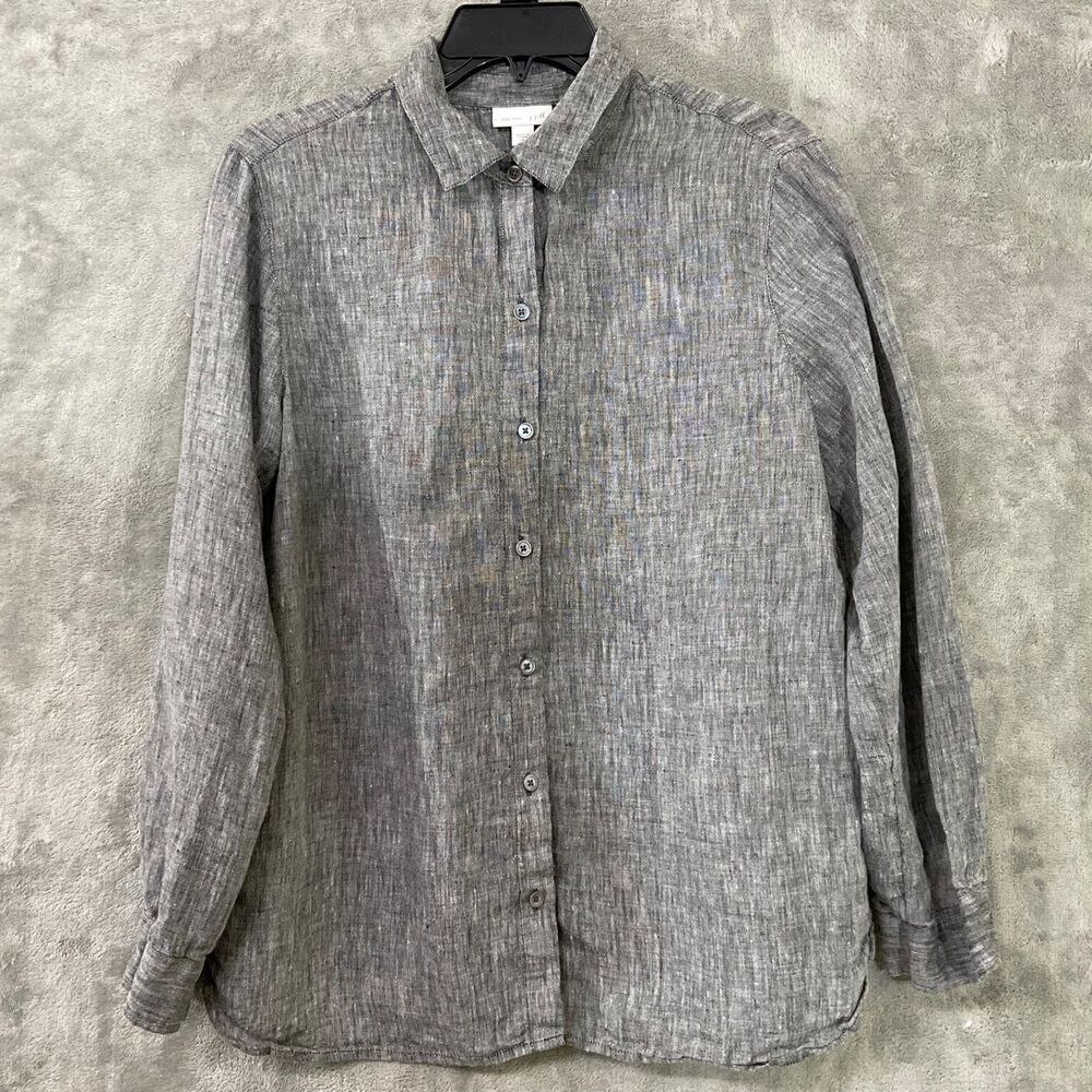 J.Jill Love Linen Long Sleeve Button Up Blouse Top Size Small Gray collar EUC